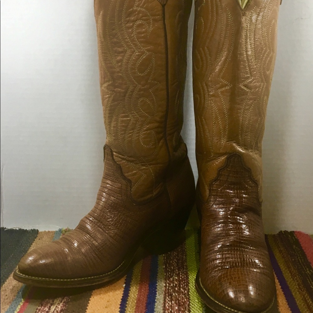 Tall Tan Lizard Embossed Acme Cowgirl Boots 6 1/2